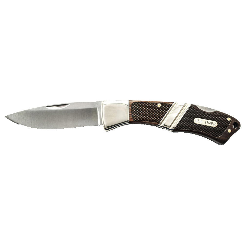 A Schrade Mountain Beaver Pocket Knife 80mm with Leather Pouch (29OT) with a steel blade and a dark brown textured handle featuring silver metal accents and brass pins. The handle has a silver badge engraved with 'OLD TIMER'.