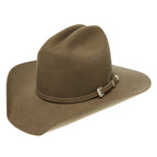 A 3-4 front view of a sand Statesman Children's The Great Divide Wool Felt Cowboy Hat (21031250) with a matching band and silver buckle, keeper and end, shown on a plain white background.