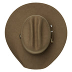 A top view of a sand Statesman Children's The Great Divide Wool Felt Cowboy Hat (21031250) with a matching band and silver buckle, keeper and end, shown on a plain white background.