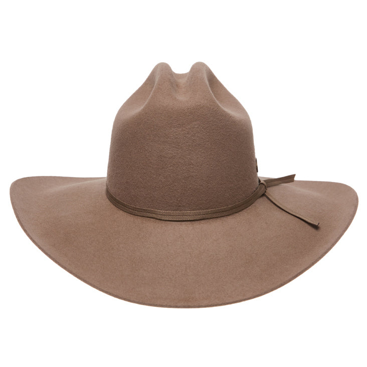 A front view of a sand Statesman Serpentine Fur Blend Hat (21050060) with a wide brim, a pinched crown, and a matching ribbon band, shown on a plain white background.