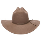 A front view of a sand Statesman Serpentine Fur Blend Hat (21050060) with a wide brim, a pinched crown, and a matching ribbon band, shown on a plain white background.