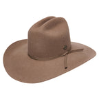 A 3-4 front view of a sand Statesman Serpentine Fur Blend Hat (21050060) with a wide brim, a pinched crown, and a matching ribbon band, shown on a plain white background.