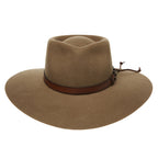 A front view of a wide-brimmed Statesman Big Australian Wool Felt Hat (S0116579) in the colour Riverstone, featuring a dark brown leather band with lacing, shown against a plain white background.