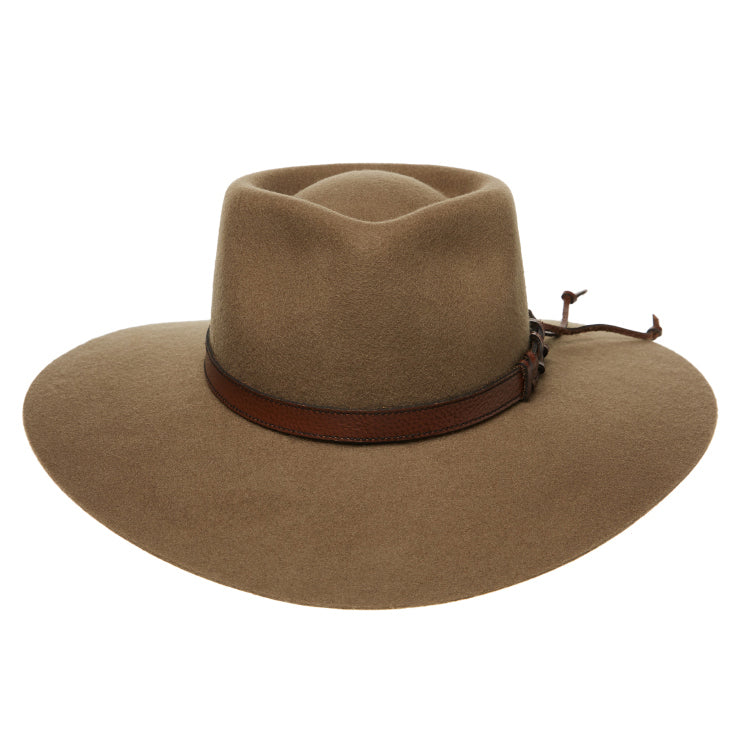 A front view of a wide-brimmed Statesman Big Australian Wool Felt Hat (S0116579) in the colour Riverstone, featuring a dark brown leather band with lacing, shown against a plain white background.