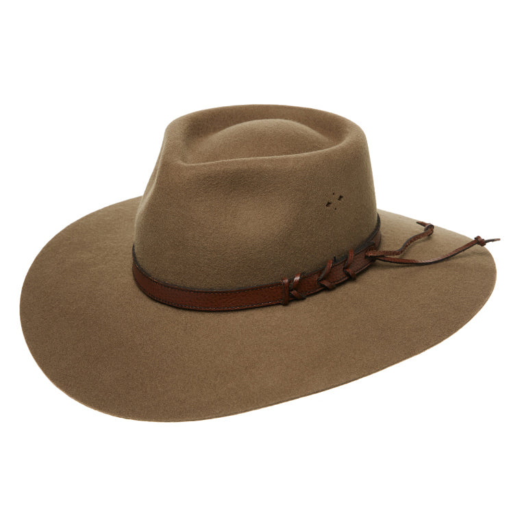 A 3-4 front view of a wide-brimmed Statesman Big Australian Wool Felt Hat (S0116579) in the colour Riverstone, featuring a dark brown leather band with lacing, shown against a plain white background.