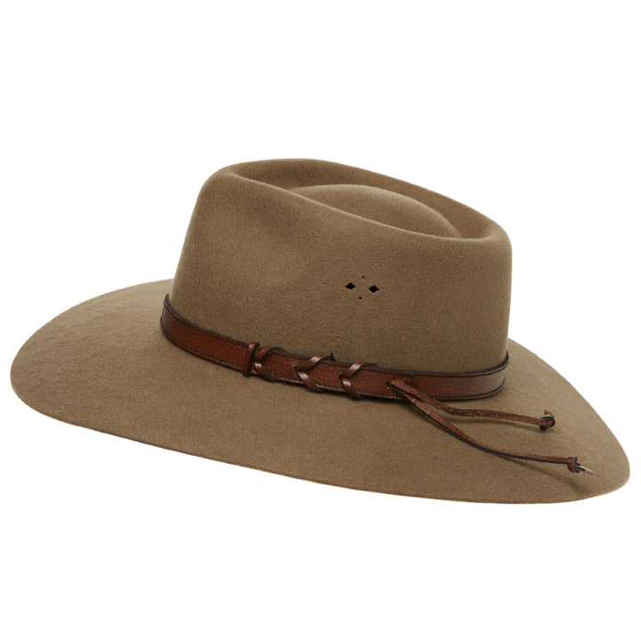 A side view of a wide-brimmed Statesman Big Australian Wool Felt Hat (S0116579) in the colour Riverstone, featuring a dark brown leather band with lacing, shown against a plain white background.