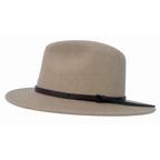 A sand coloured felt wide-brim Statesman Bradbury Wool Felt Traveller Hat (M00048BS) with a black fabric band, shown from a side profile against a plain white background.