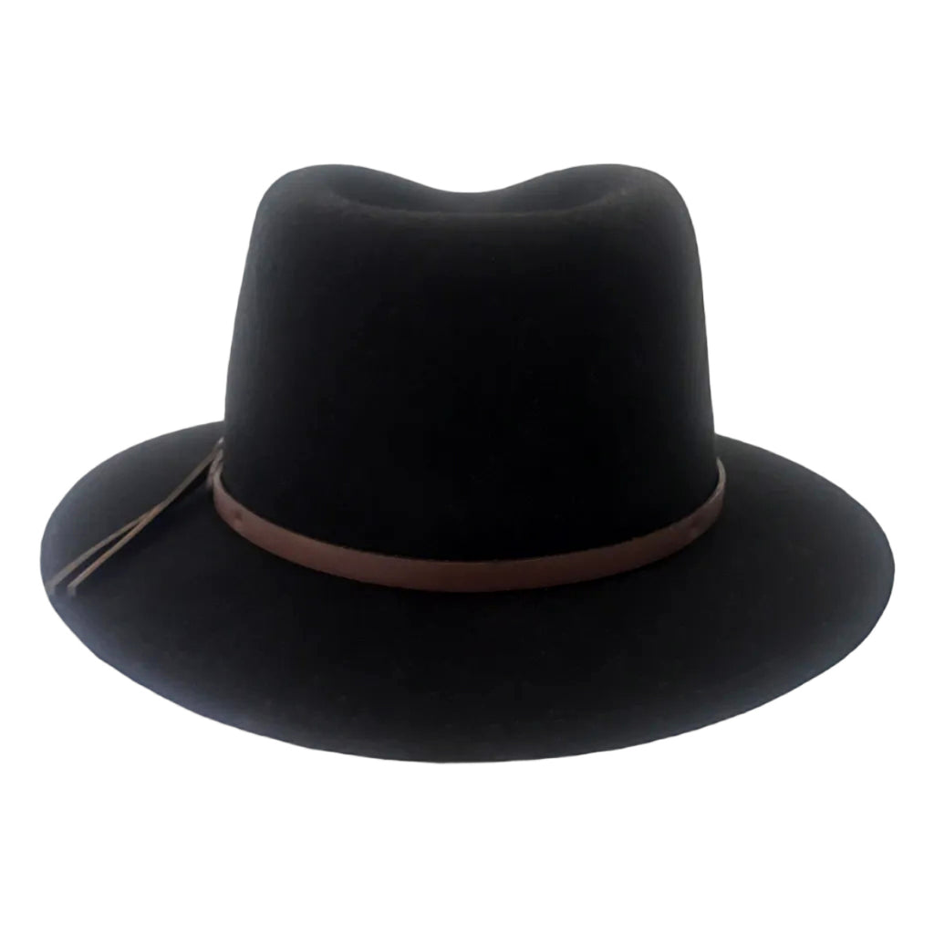A black felt wide-brim Statesman Bradbury Traveller Wool Felt Hat (M00047BB) with a brown fabric band, shown from a the back on a white background.