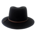 A black felt wide-brim Statesman Bradbury Traveller Wool Felt Hat (M00047BB) with a brown fabric band, shown from a the back on a white background.