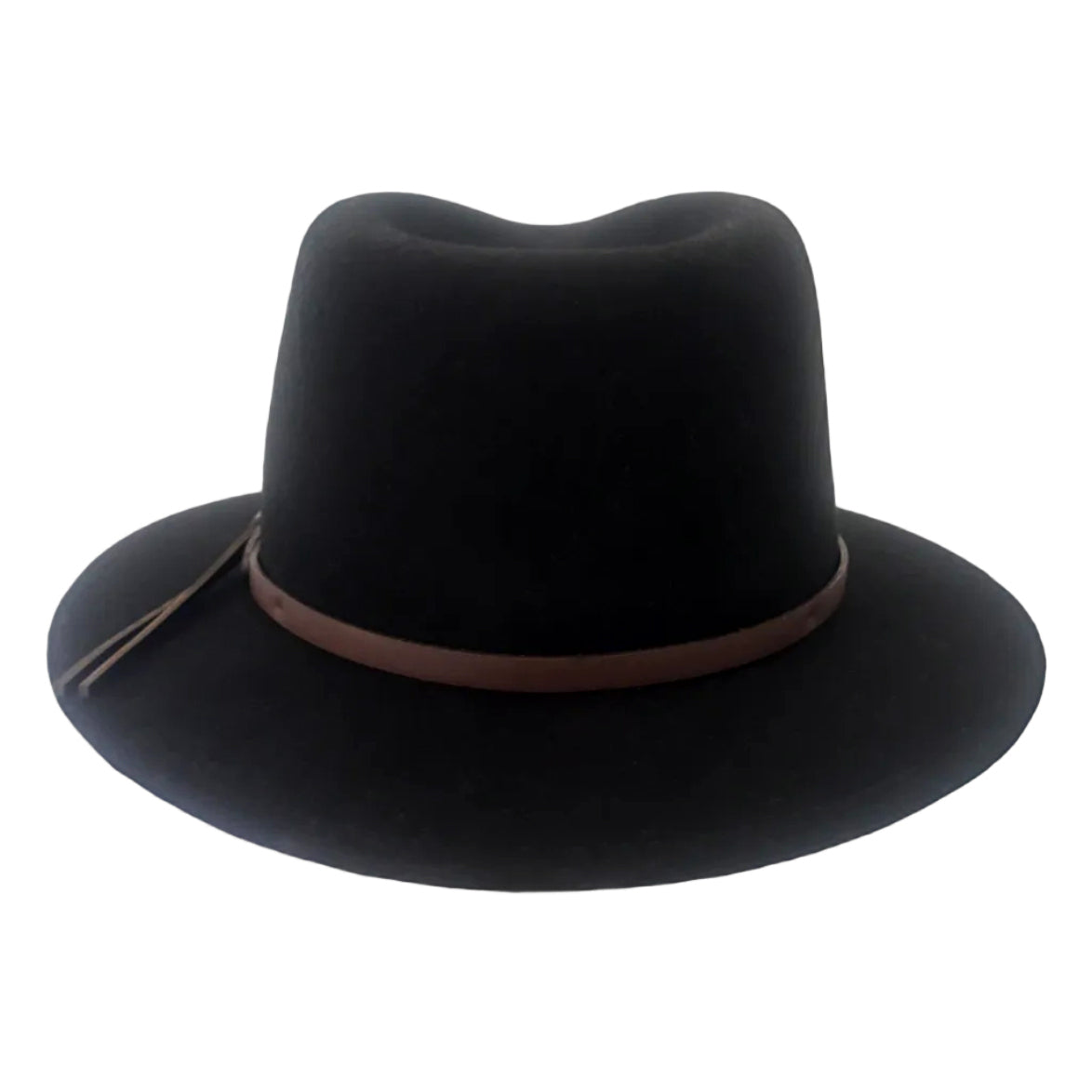 A black felt wide-brim Statesman Bradbury Traveller Wool Felt Hat (M00047BB) with a brown fabric band, shown from a the back on a white background.