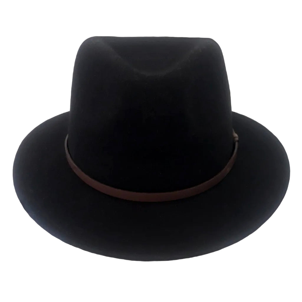 A black felt wide-brim Statesman Bradbury Traveller Wool Felt Hat (M00047BB) with a brown fabric band, shown from a the front on a white background.