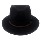 A black felt wide-brim Statesman Bradbury Traveller Wool Felt Hat (M00047BB) with a brown fabric band, shown from a the front on a white background.