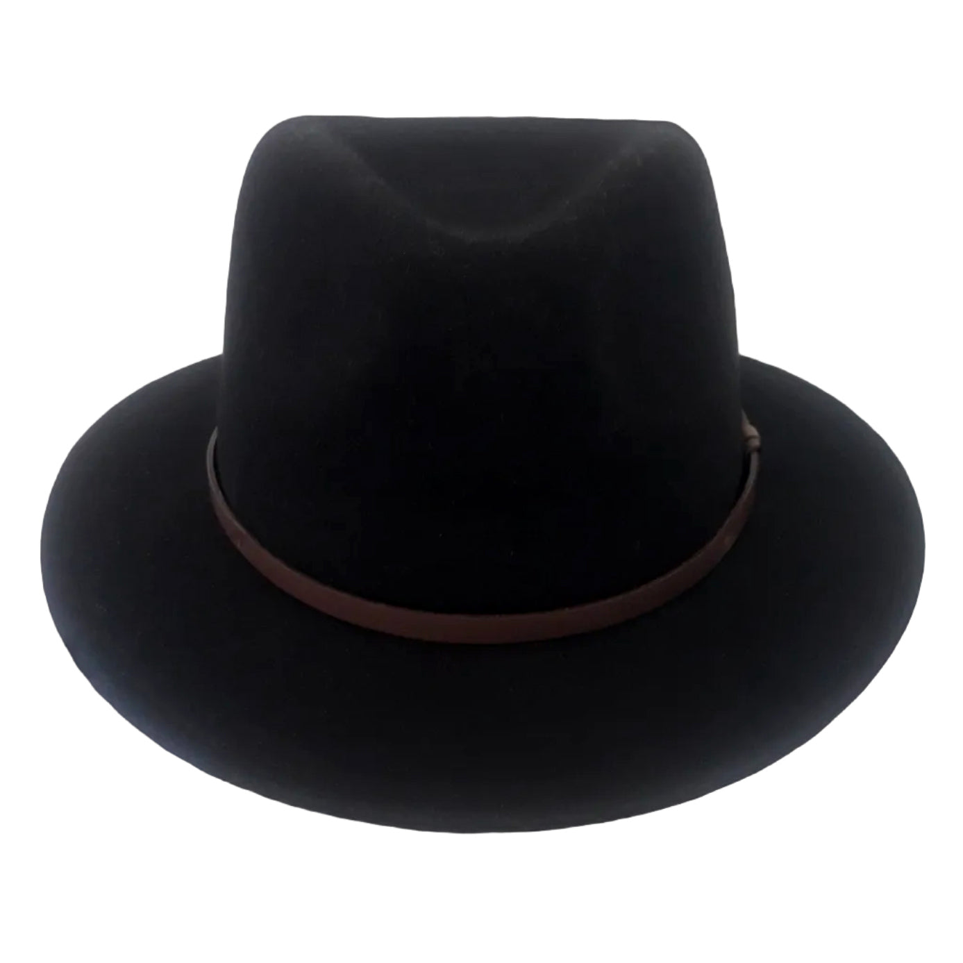 A black felt wide-brim Statesman Bradbury Traveller Wool Felt Hat (M00047BB) with a brown fabric band, shown from a the front on a white background.
