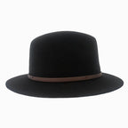 A black felt wide-brim Statesman Bradbury Traveller Wool Felt Hat (M00047BB) with a brown fabric band, shown from a side profile on a white background.
