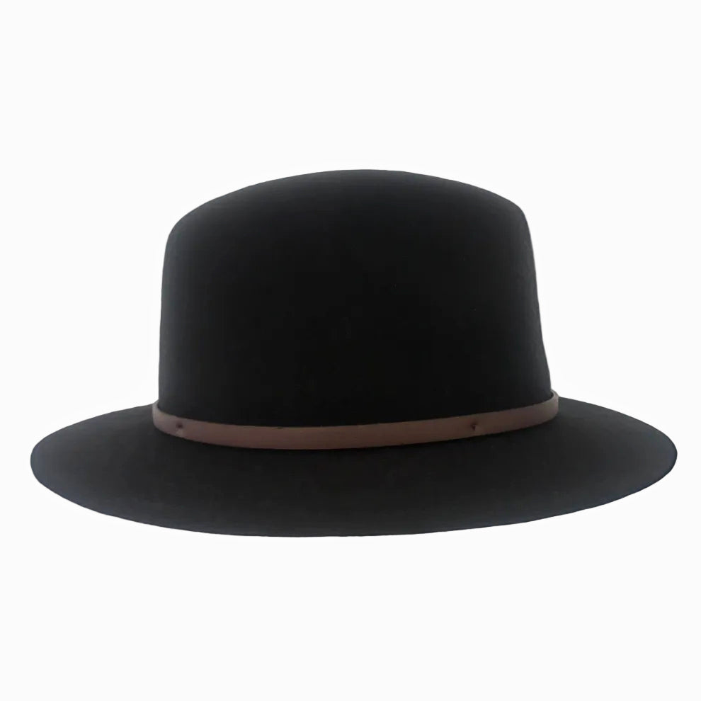 A black felt wide-brim Statesman Bradbury Traveller Wool Felt Hat (M00047BB) with a brown fabric band, shown from a side profile on a white background.