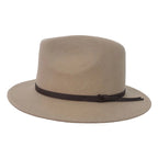 A sand coloured felt wide-brim Statesman Bradbury Wool Felt Traveller Hat (M00048BS) with a black fabric band, shown from a side profile against a plain white background.