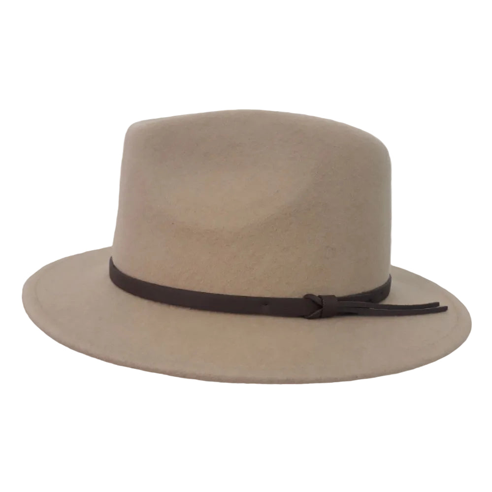 A sand coloured felt wide-brim Statesman Bradbury Wool Felt Traveller Hat (M00048BS) with a black fabric band, shown from a side profile against a plain white background.