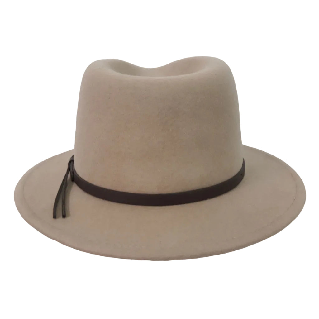 A sand coloured felt wide-brim Statesman Bradbury Wool Felt Traveller Hat (M00048BS) with a black fabric band, shown from the back against a plain white background.