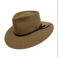 A 3-4 front view of a Statesman Unisex Barossa Wool Felt Hat (S2276776) in the sand colour with a brown leather band on a white background.