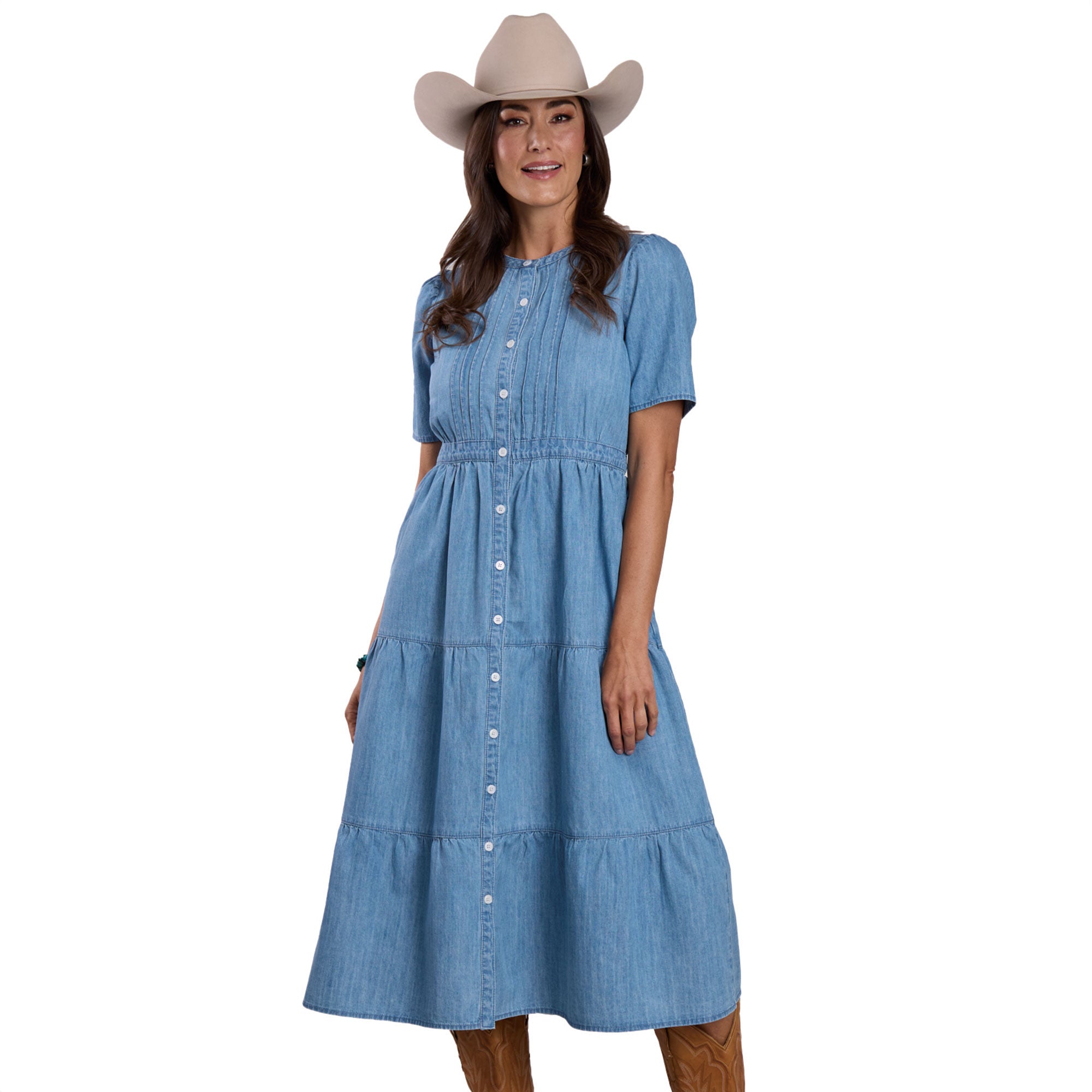Stetson Womens Collection S/S Dress (57594012) Solid Blue Front