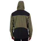 A man stands against a white background, wearing the Swanndri Men's High Rock Stormshield Jacket (SW2562070M) in Forest, an olive green weatherproof fleece with black yoke and lower back