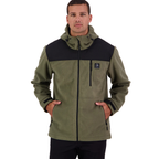 A man stands with hands in his pockets against a white background, wearing the Swanndri Mens High Rock Stormshield Jacket (SW2562070M) in Forest, an olive green weatherproof fleece with black accents on shoulders and chest.
