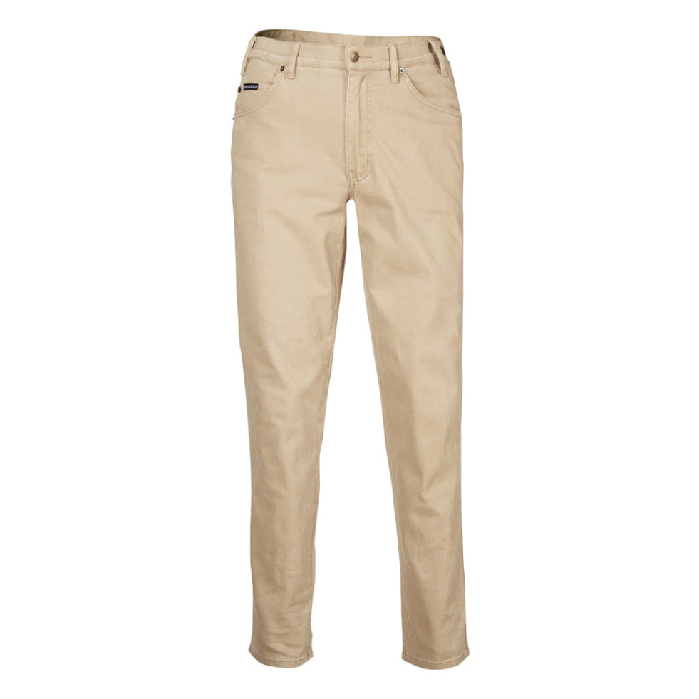 The Ritemate Pilbara Cotton Stretch Jeans (RMPC014) in Wheat are straight-leg beige pants with belt loops, front and back pockets, and a button and zipper closure, shown against a white background.
