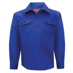 A ghost image of a cobalt blue Thomas Cook Children's Heavy Drill Half Button Long Sleeve Shirt (TCP7100163) with two chest pockets, on a white background.