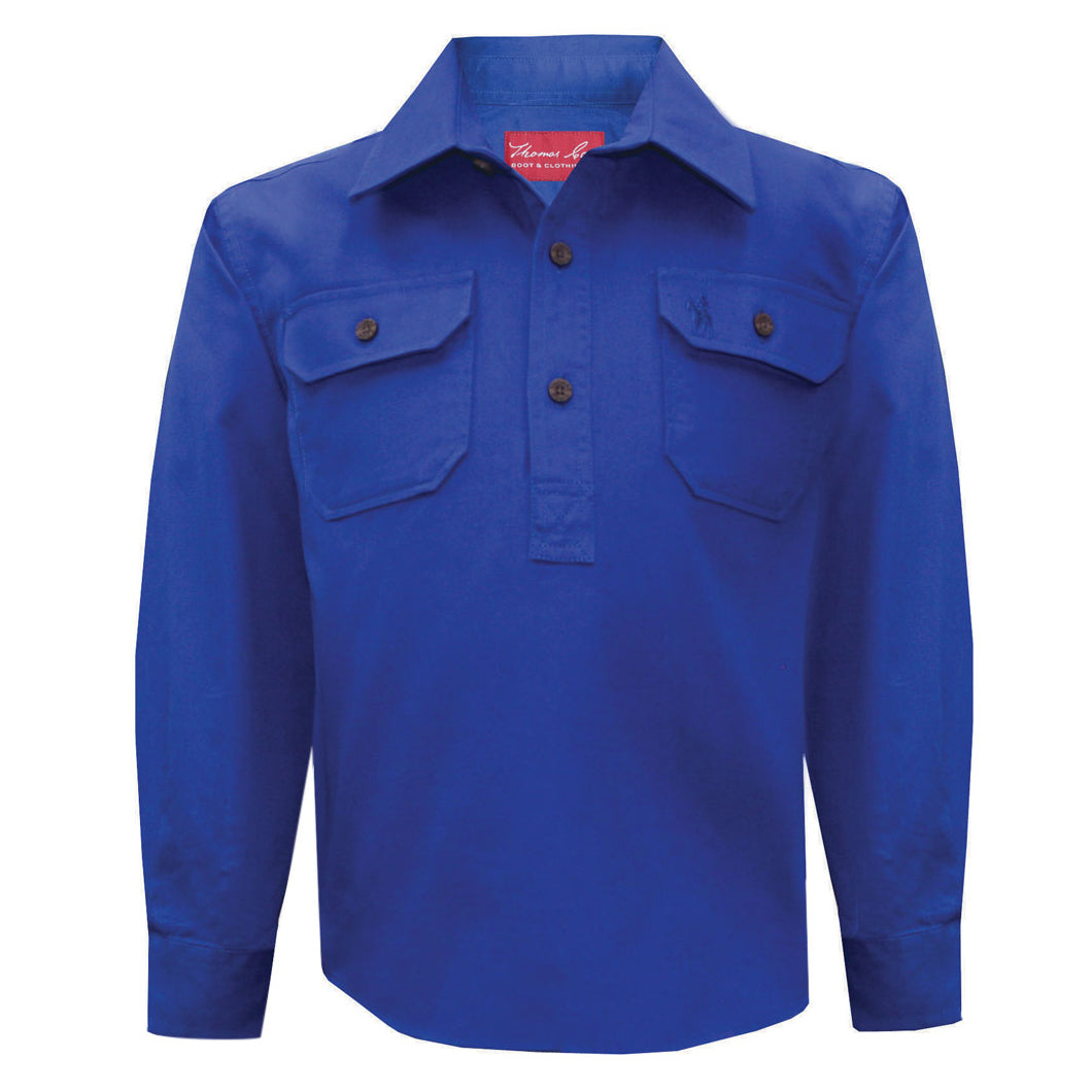 A ghost image of a cobalt blue Thomas Cook Children's Heavy Drill Half Button Long Sleeve Shirt (TCP7100163) with two chest pockets, on a white background.