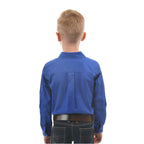 A young boy from behind modelling a cobalt blue Thomas Cook Children's Heavy Drill Half Button Long Sleeve Shirt (TCP7100163) with two chest pockets, paired with dark jeans and a brown belt, on a white background.