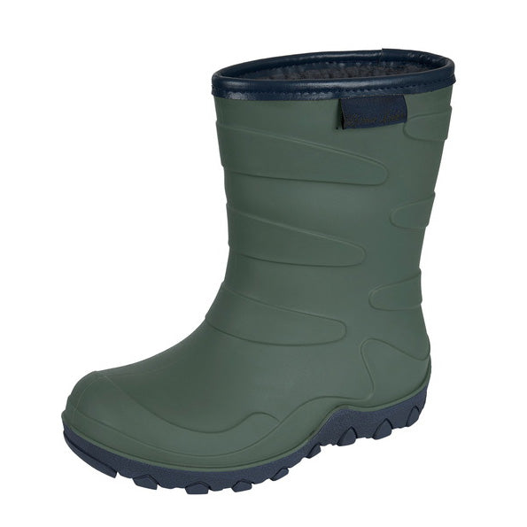 The Thomas Cook Childrens Norfolk Gumboots (T6W78122) in Khaki/Navy feature a black TPR sole with textured grip, wave-like patterns, and dark top trim—perfect for outdoor or wet conditions.