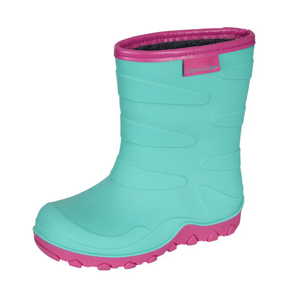 The Thomas Cook Childrens Norfolk Gumboots (T6W78122) feature a turquoise body, thick rugged fuchsia sole, pink trim, and cozy faux fur lining for warmth—a single sturdy rubber rain boot from Thomas Cook.