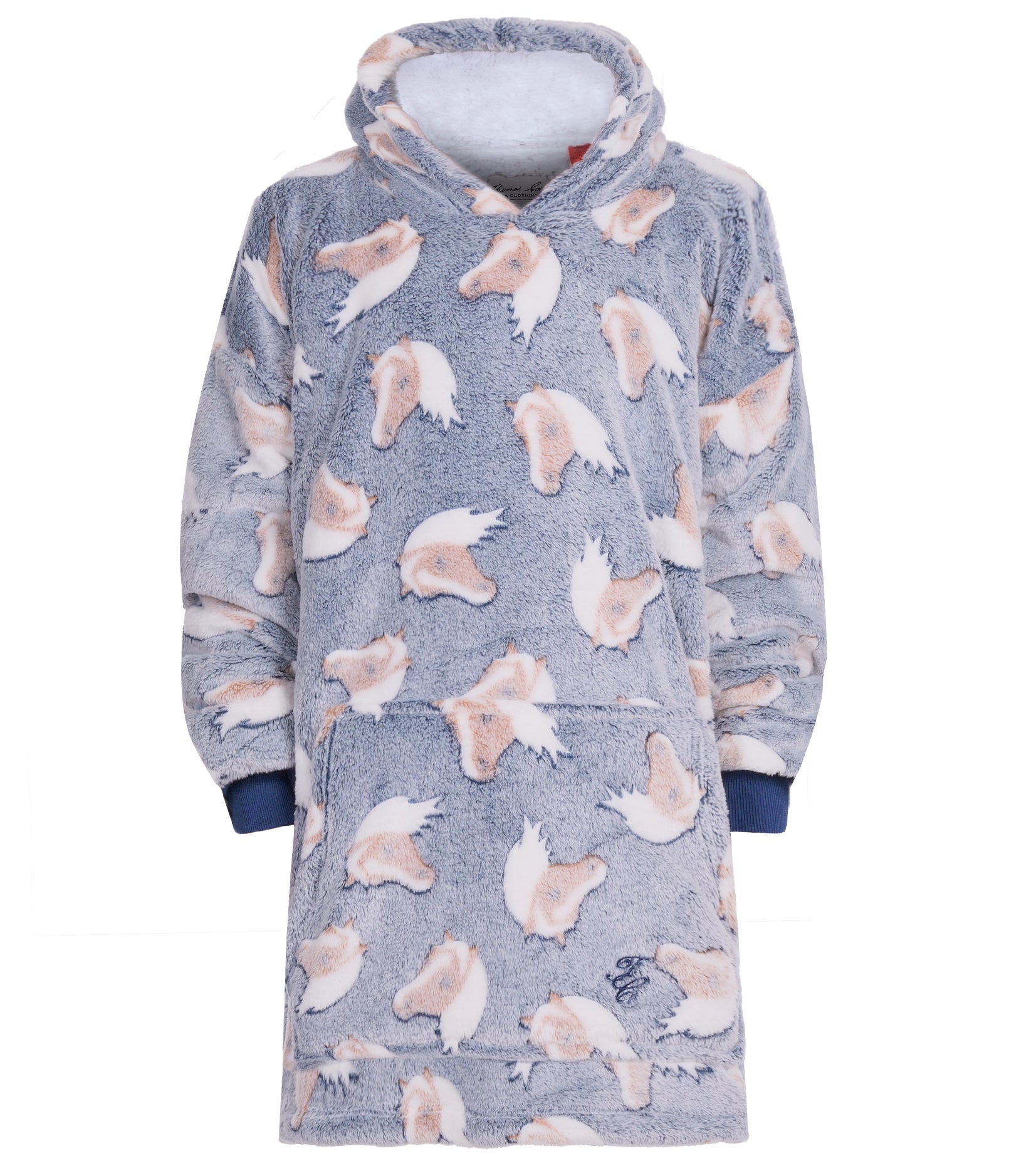 The Thomas Cook Childrens Snuggle Hoodie (TCP7963SNU) in Grey/Blue OSFM is a soft, sherpa-lined hoodie with a hood and kangaroo pocket—perfect as a cozy oversized hoodie for kids.
