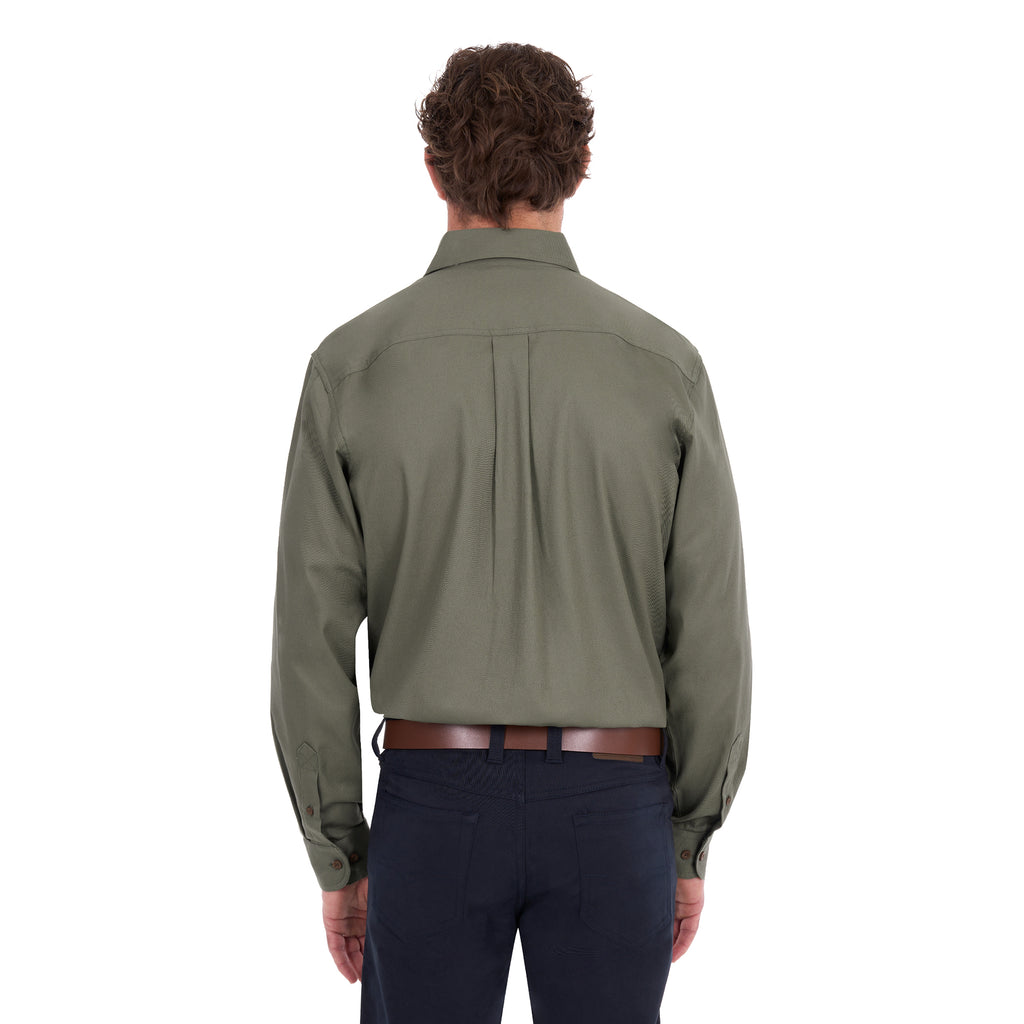 A man from behind wearing a Thomas Cook Heavy Drill Half Button Long Sleeve Work Shirt (TCP1120163) in military green, paired with dark blue jeans and a brown belt, against a plain white background.