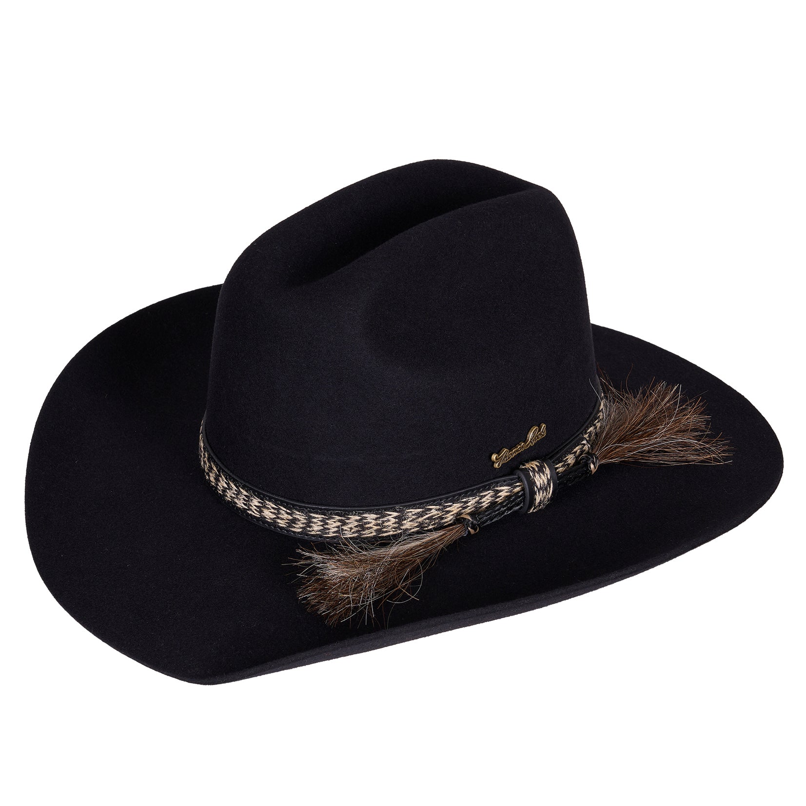 A black Thomas Cook Kelly Western Hat (TCP1987HAT) with a dark braided band and horse hair accents, shown on a plain white background.