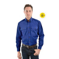 A man modelling a cobalt Thomas Cook Light Drill Full Button L/S Shirt (TCP1125005) paired with a brown leather belt and denim jeans.