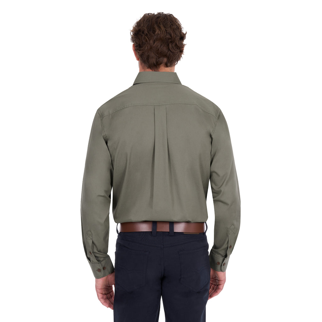 A man viewed from behind modelling a military green Thomas Cook Light Drill Half Button Long Sleeve Work Shirt (TCP1126005) with two chest flap pockets, paired with dark jeans and a brown belt, against a plain white background.