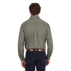 A man viewed from behind modelling a military green Thomas Cook Light Drill Half Button Long Sleeve Work Shirt (TCP1126005) with two chest flap pockets, paired with dark jeans and a brown belt, against a plain white background.