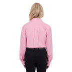 A woman viewed from behind modelling a pale pink Thomas Cook Light Drill Half Button Long Sleeve Work Shirt (TCP1126005) with two chest flap pockets, paired with black jeans and a brown belt, against a plain white background.