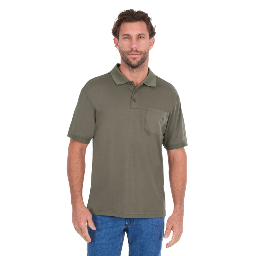 A man modelling a military green Thomas Cook Men's Bamboo Short Sleeve Polo (TCP1511045) with denim jeans on a white background.