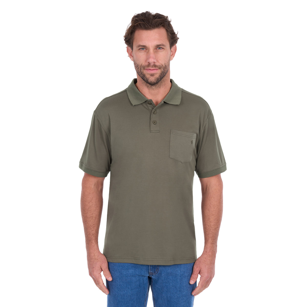 A man modelling a military green Thomas Cook Men's Bamboo Short Sleeve Polo (TCP1511045) with denim jeans on a white background.