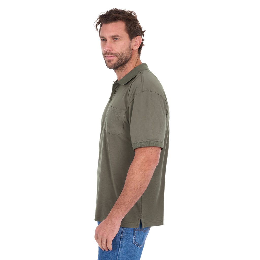 A man in profile modelling a military green Thomas Cook Men's Bamboo Short Sleeve Polo (TCP1511045) with denim jeans on a white background.