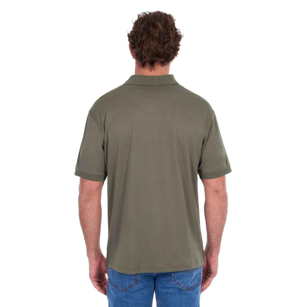 A man viewed from behind modelling a military green Thomas Cook Men's Bamboo Short Sleeve Polo (TCP1511045) with denim jeans on a white background.