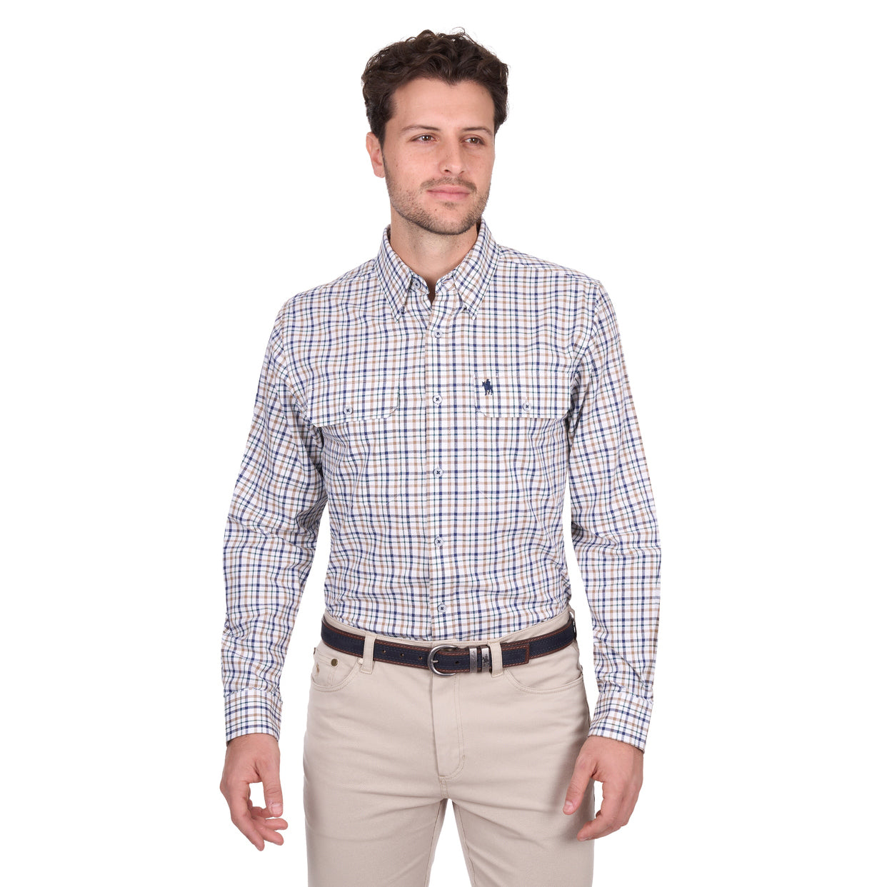 A man stands against a plain white background wearing a Thomas Cook Mens Chad L/S Shirt (T6W1115041) in navy/green, tucked into light beige pants with a belt.