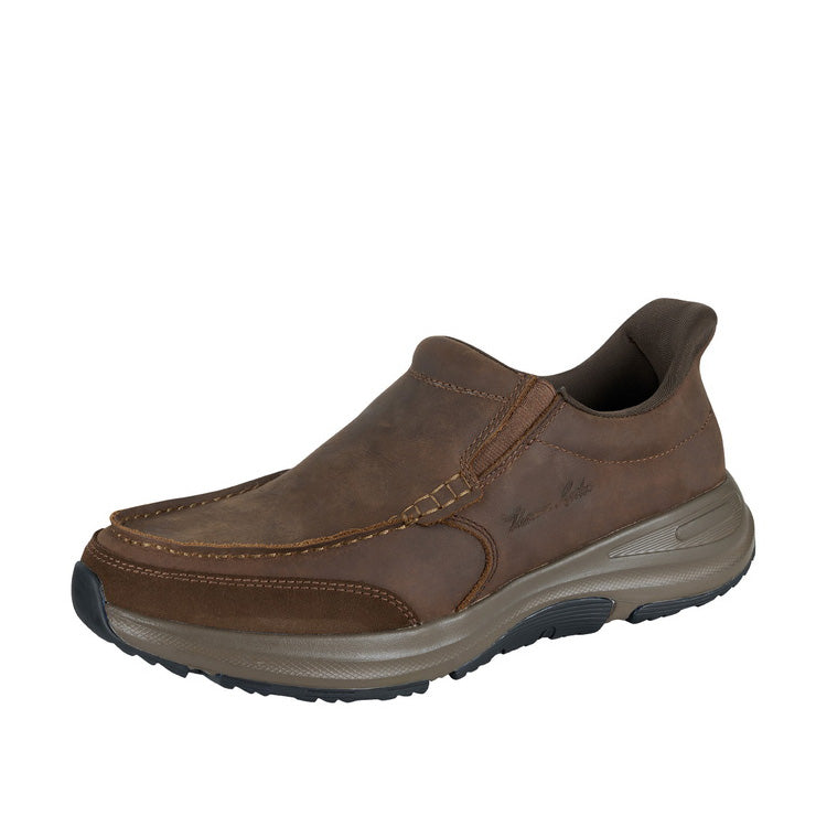 The Thomas Cook Mens Chris Comfort Shoes (TCP18248) in dark brown feature full grain leather, visible stitching, cushioned collar, memory foam innersole, and a thick two-tone rubber sole for all-day casual comfort.