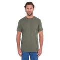 A man modelling a military green Thomas Cook Men's Classic Fit Short Sleeve Tee (TCP1514051) paired with blue denim jeans on a white background.