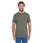 A man modelling a military green Thomas Cook Men's Classic Fit Short Sleeve Tee (TCP1514051) paired with blue denim jeans on a white background.