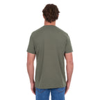 A man from behind, modelling a military green Thomas Cook Men's Classic Fit Short Sleeve Tee (TCP1514051) paired with blue denim jeans on a white background.