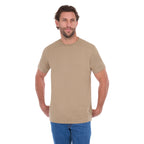 A man modelling a sand Thomas Cook Men's Classic Fit Short Sleeve Tee (TCP1514051) paired with blue denim jeans on a white background.