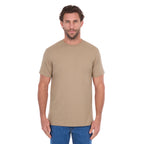 A man modelling a sand Thomas Cook Men's Classic Fit Short Sleeve Tee (TCP1514051) paired with blue denim jeans on a white background.